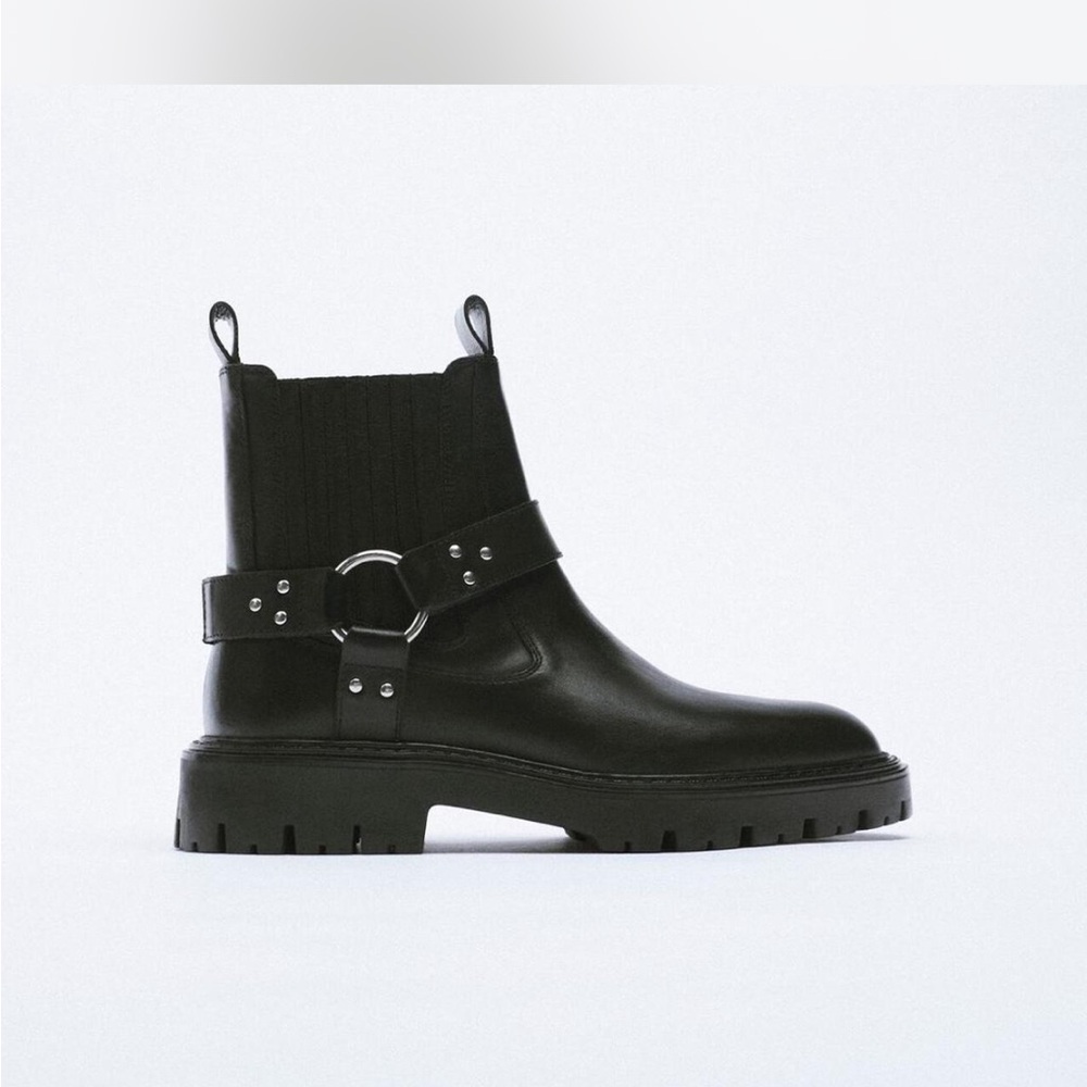 Zara Black Leather Ankle Boots with Buckle Detail
